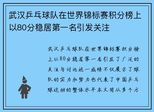 武汉乒乓球队在世界锦标赛积分榜上以80分稳居第一名引发关注