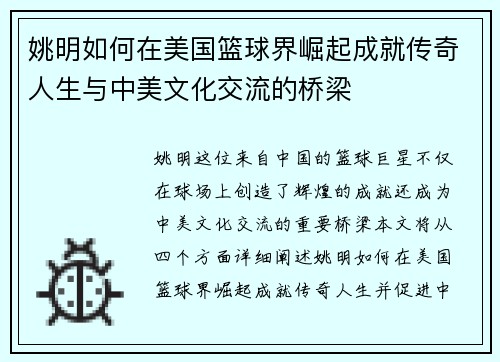 姚明如何在美国篮球界崛起成就传奇人生与中美文化交流的桥梁